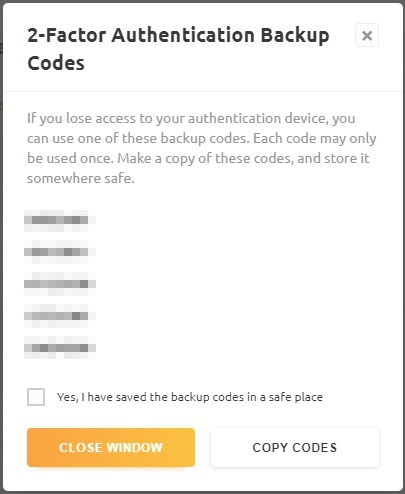 NiceHash Authentication Backup Codes